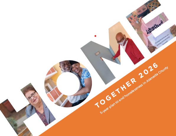 Cover is white background with photos of people making the word HOME slashed across the bottom right corner and below it the cover is an orange triangle; Home Together 2026 Community Plan