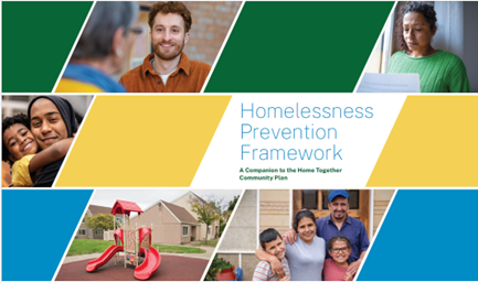 Cover is Green/Yellow/Blue with photos of people making the word HOME slashed across the bottom right corner and below it the cover is an orange triangle; Home Together 2026 Community Plan