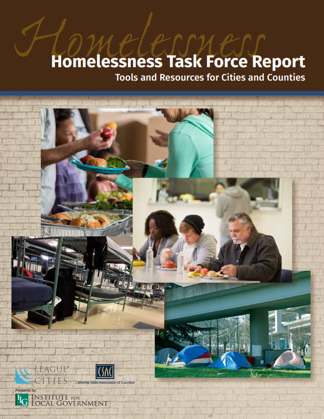 Cover of the Homelessness Task Force Report.; 4 photos of homeless, a shelter, eating, an encampment and receiving food